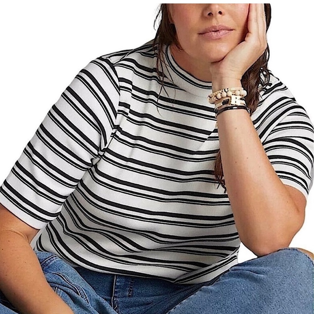 Maeve by Anthropologie Ribbed Mock Neck Black and White Striped Top, size S